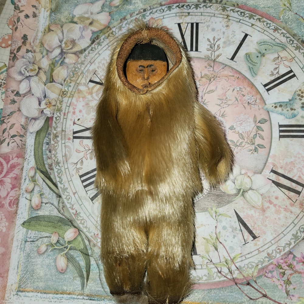 Collectible Handmade Inuit Newfoundland Labrador SealSkin Wood Carved Face Doll